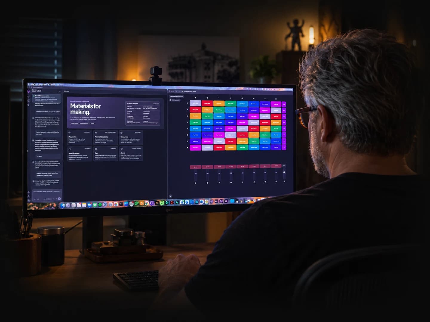 Over-the-shoulder illustration of me, Jack Skates, working on Materials and lighting controls at my studio monitor.